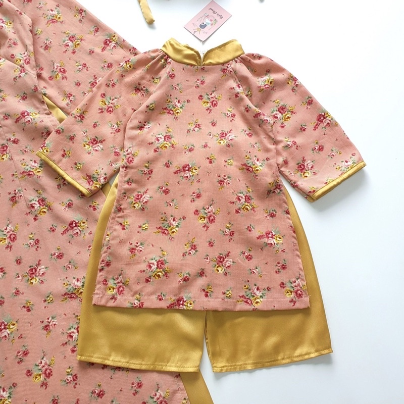 Áo dài nhung tăm hoa nhí hồng mẹ và bé 4-64kg