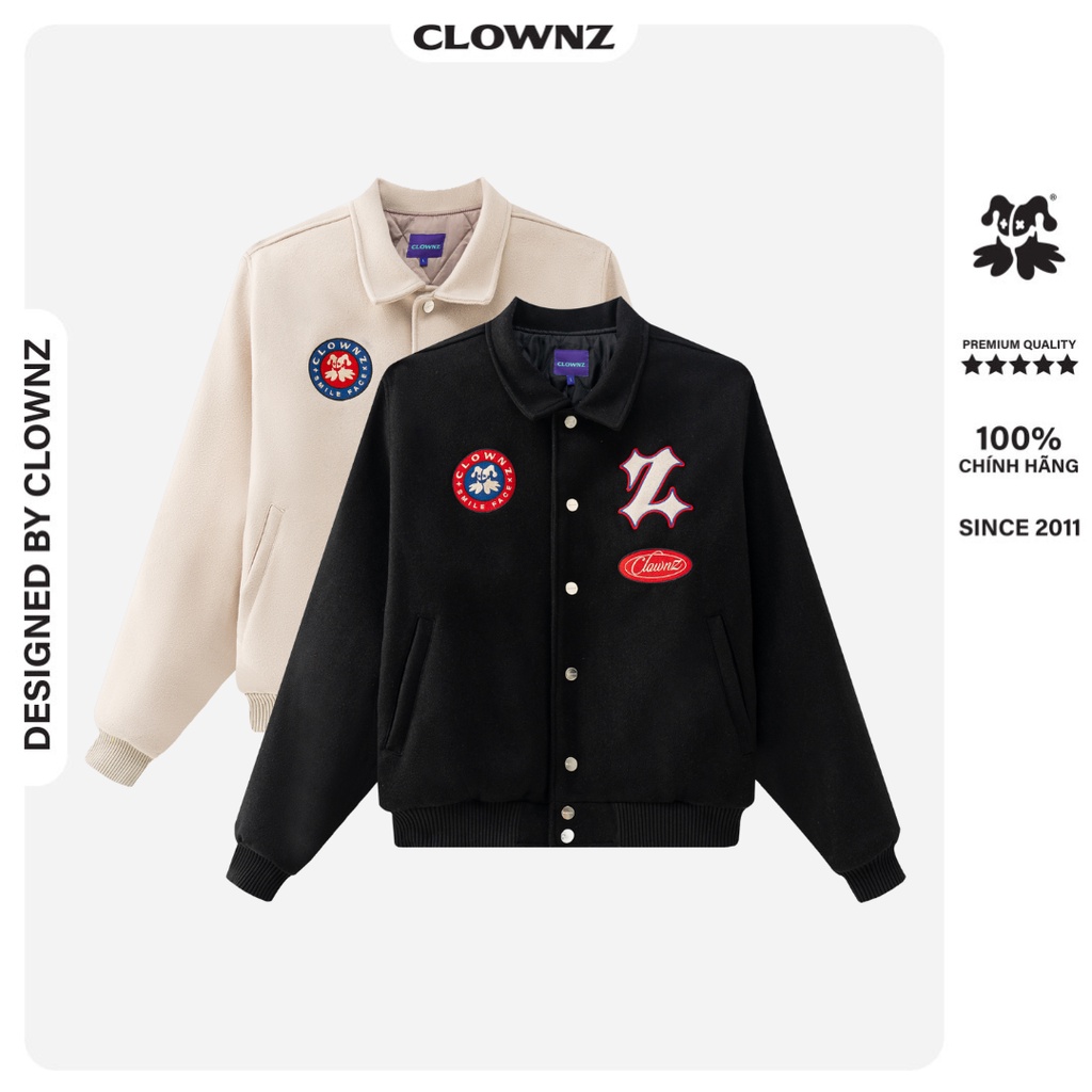 Áo khoác varsity jacket, bomber local brand Clownz Z letter vải dạ, nam nữ unisex, form crop ngắn