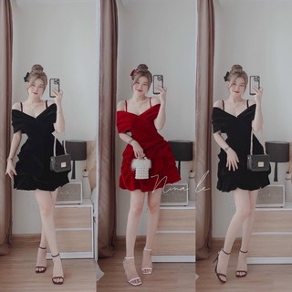 đầm nhung bẹt vai xoè bồng bềnh