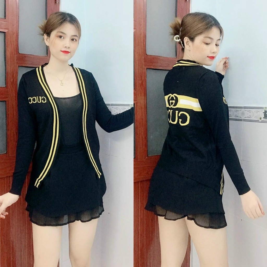 Áo khoác len cardigan nữ viền sọc vạt xéo GC