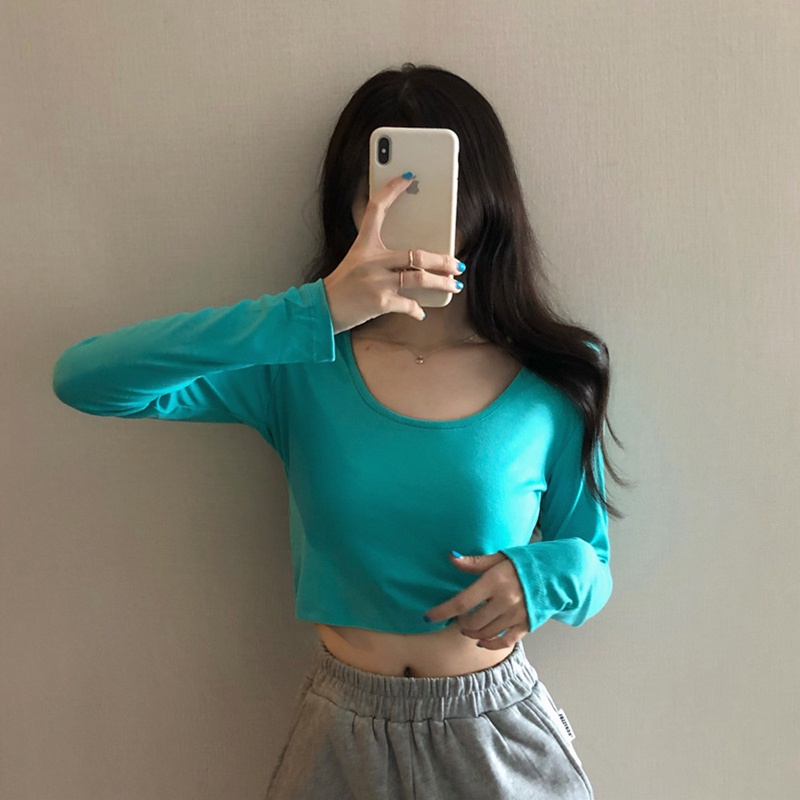 NRVP Áo thun nữ dài tay màu trơn phong cách Hàn Quốc