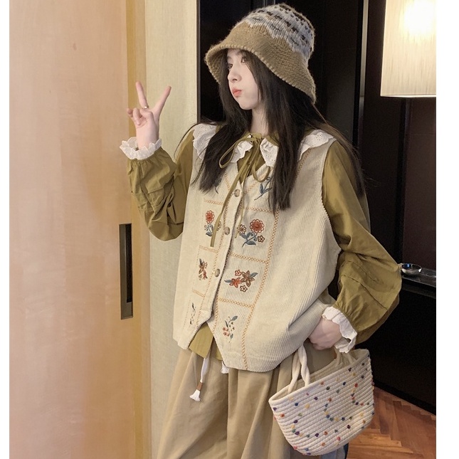 Áo khoác gile nhung nữ kiểu thêu hoa vintage, gile nữ phối sơ mi form rộng cổ ren nơ 7754