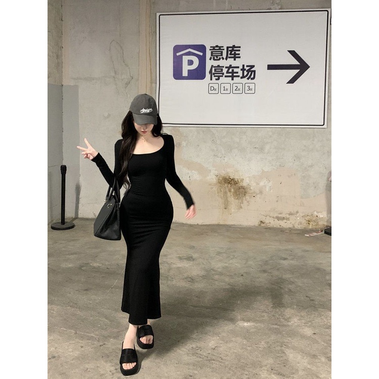 COZOK Đầm COZOK tay dài màu trơn kiểu dáng đơn giản quyến rũ hợp thời trang