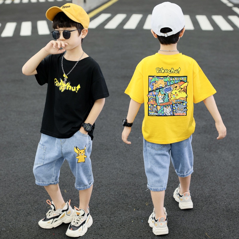 Đồ bộ bé trai size đại Bosskids sét bộ Jean lửng in Pikachu kiểu dáng Hàn Quốc dễ thương Mẫu mới 2023 - ĐBJL27102