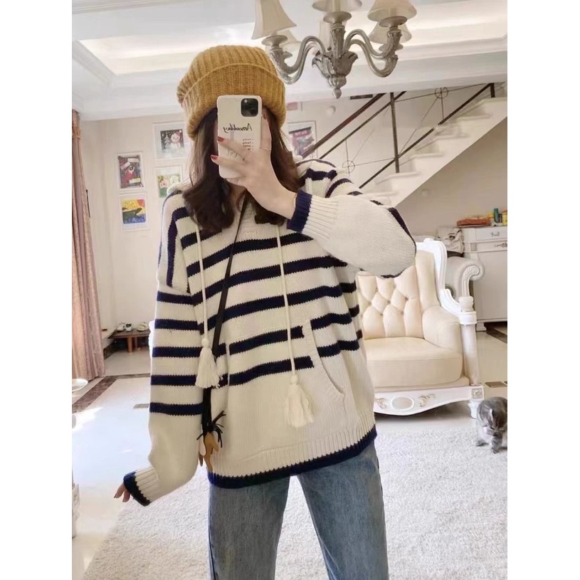 Áo Sweater Có Mũ Dáng Rộng Kẻ Sọc Thời Trang Trẻ Trung Cho Nữ