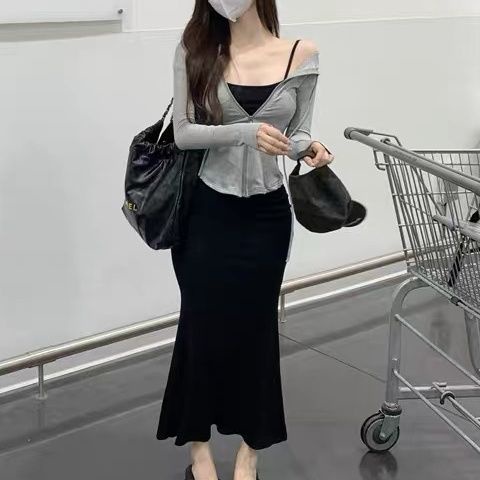 COZOK Bộ Đầm Sát Nách + Áo Dài Tay Phối Khóa Kéo Quyến Rũ Cho Nữ