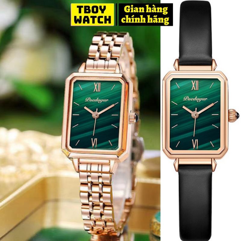Đồng hồ nữ POEDAGAR 622 đeo tay nữ chính hãng mặt vuông dây kim loại chống nước mặt xanh ngọc