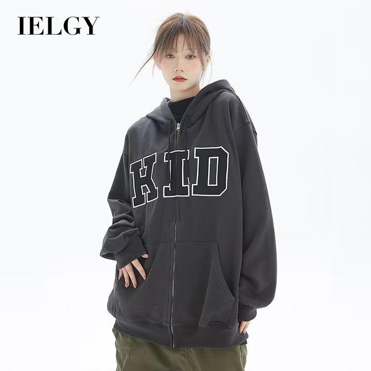 IELGY    Áo Khoác Hoodie Có Khóa Kéo Thêu Chữ Phong Cách Mỹ Cổ Điển Thời Trang Cho Nữ