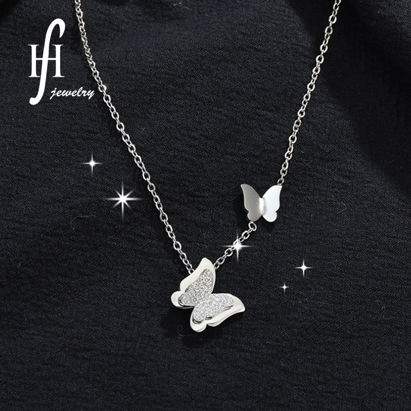 Vòng cổ Hai Lớp Mặt Hình Bướm Bằng Thép Không Gỉ Phong Cách Hiphop