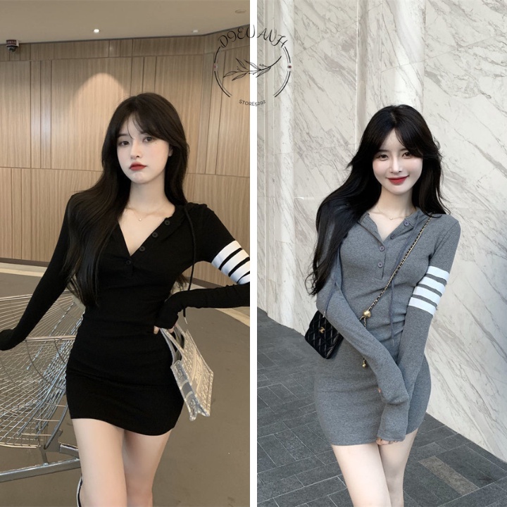 Váy body dài tay - Đầm body sexy có nón thể thao cá tính chất len tăm co dãn thoải mái 2 màu dieuanh_store5202