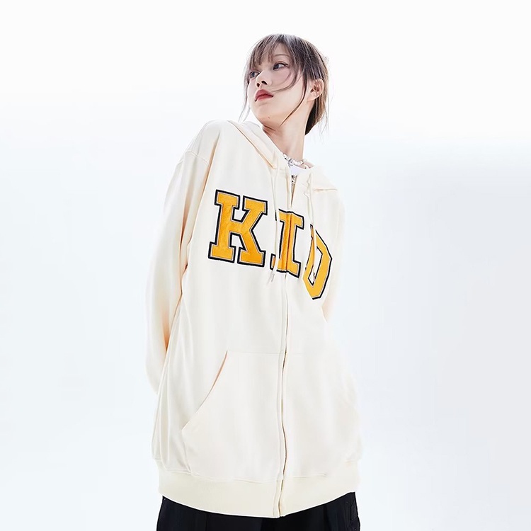 IELGY    Áo Khoác Hoodie Có Khóa Kéo Thêu Chữ Phong Cách Mỹ Cổ Điển Thời Trang Cho Nữ