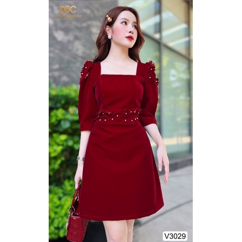 v3029 váy nhung dáng chữ A màu đỏ