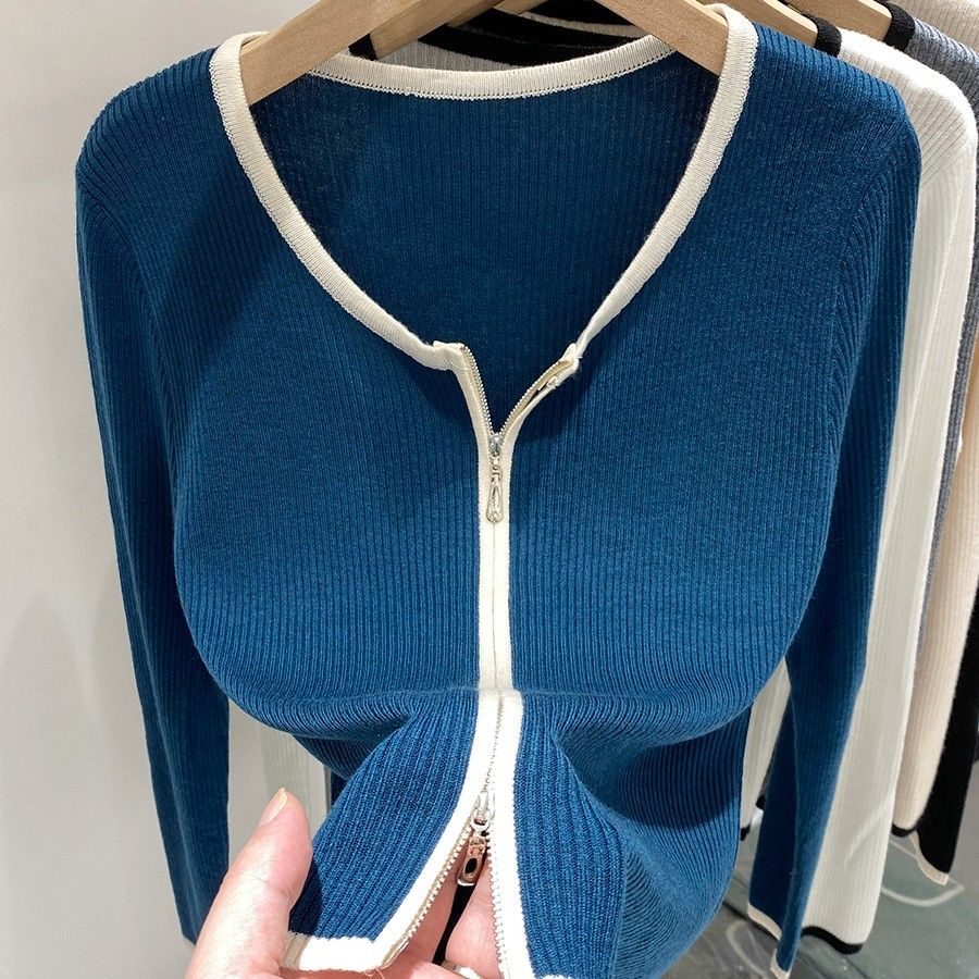 Áo Khoác Cardigan Dệt Kim Tay Dài Phối Khoá Kéo Cho Phái Nữ