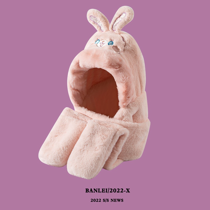 Khăn Choàng Cổ Ba Mảnh Có Nón Tai Thỏ Dài Dễ Thương Giữ Ấm Mùa Đông Phong Cách Hàn Quốc Dành Cho Bé Gái