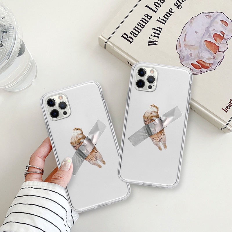 Ốp lưng iphone mèo băng dính vuông trong suốt bảo vệ cam6/6splus/7/7plus/8/8plus/x/xr/xs/11/12/13/14/pro/max/plus/promax