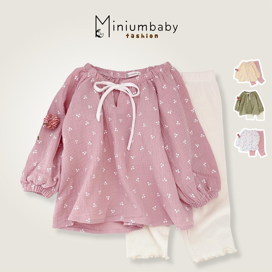 Bộ đồ dài tay quần dài thu đông cổ chun nơ xinh xắn cho bé gái chất liệu muslin, quần áo trẻ em MiniumBaby-SB1307