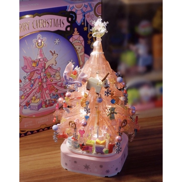 Đồ chơi lắp ráp Hộp Nhạc Cây Thông Noel Màu Hồng Crystal Christmas mảnh ghép trong suốt kèm đèn led Sembo blocks