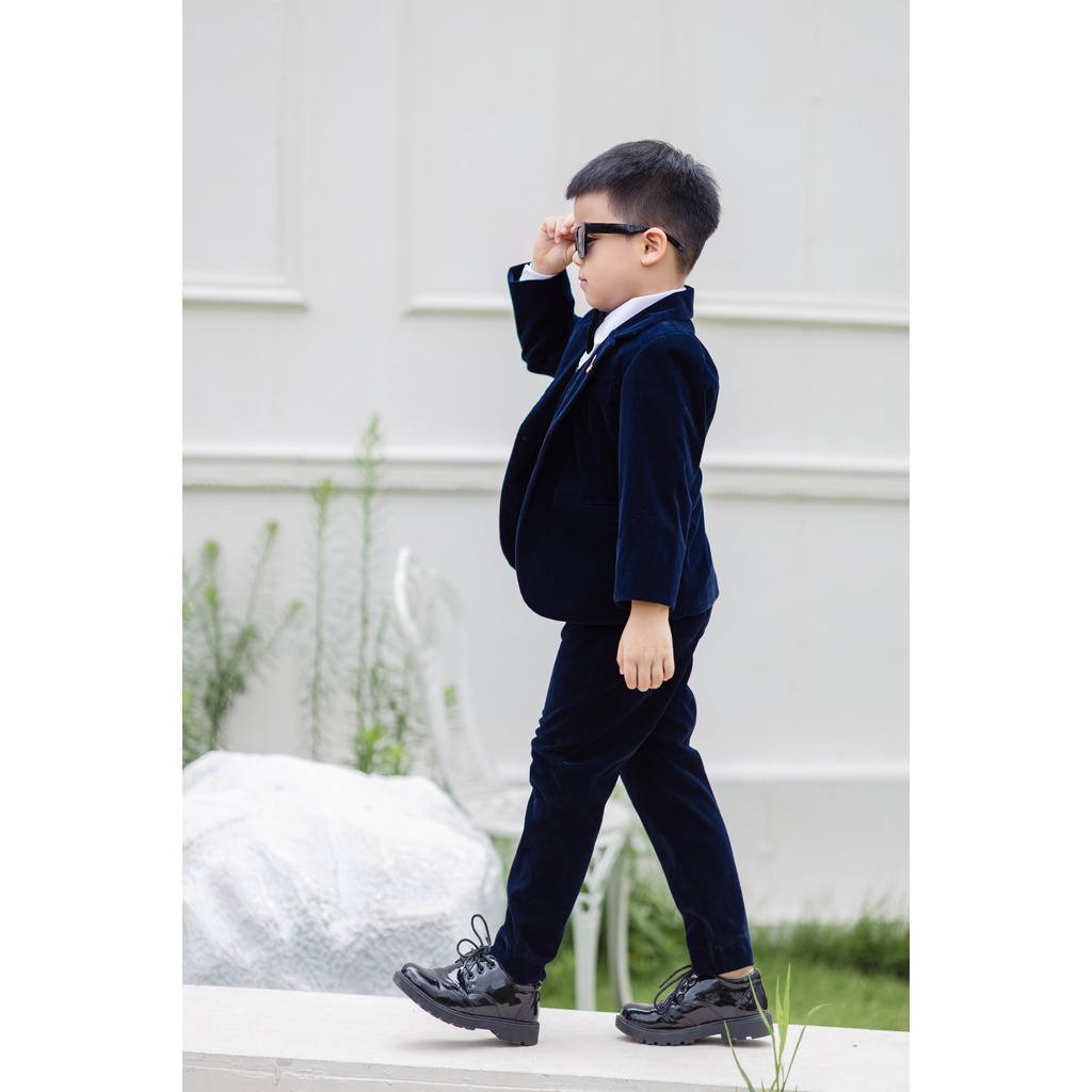 Set vest nhung xanh navy cho công tử nhí - Hàng thiết kế cao cấp