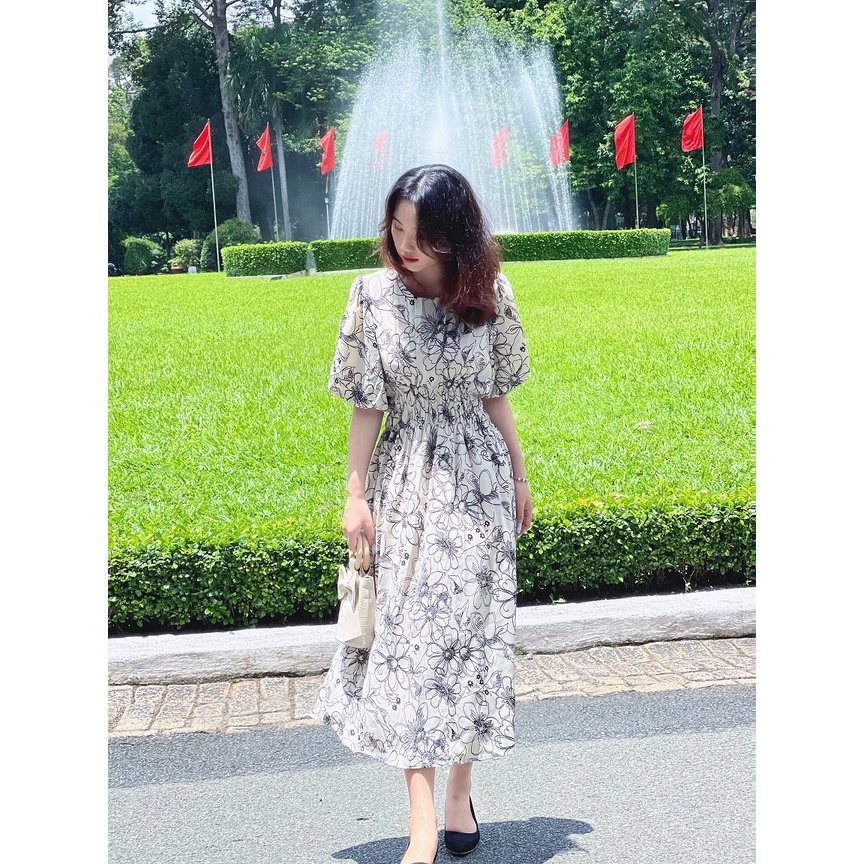 (55KG.LINH - HÀNG SẴN) Váy (Đầm) cổ tròn nhún eo- Váy (Đầm) tay phồng che khuyết điểm