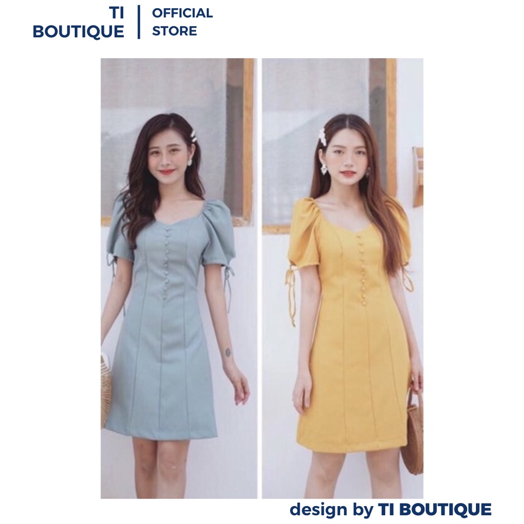 Đầm Váy Nữ Cổ V Có Hàng Nút Bọc Chạy Dọc Thân Váy Sang Chảnh, Đầm Đi Chơi Dáng Ôm Quyến Rũ Tay Áo Phồng