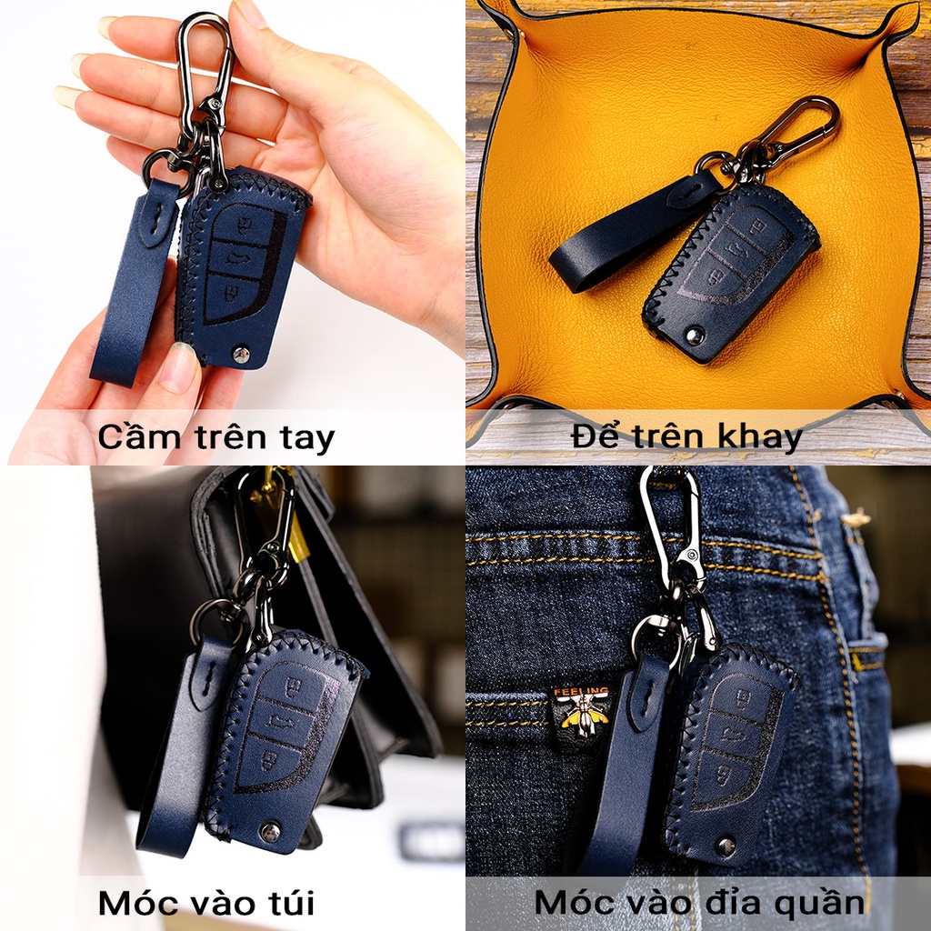 Bao da bọc chìa khóa smartkey ô tô Toyota Innova Hilux chìa gập khâu tay có dây tay cầm móc đen TIN