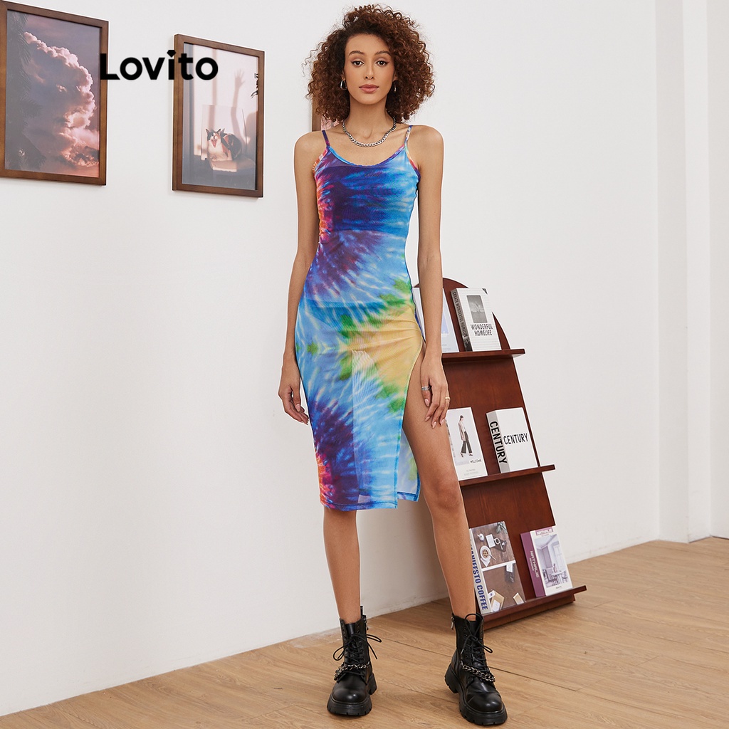 Đầm Lovito hai dây nhuộm màu loang xẻ tà đến đùi phong cách thường ngày L19E55 (Có màu)