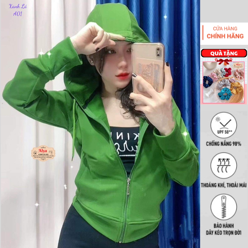 Áo khoác nữ 6 túi khoá kéo nón to 2 lớp ALYA, chất cotton da cá chống tia UV, thông thoáng và kín nắng A01