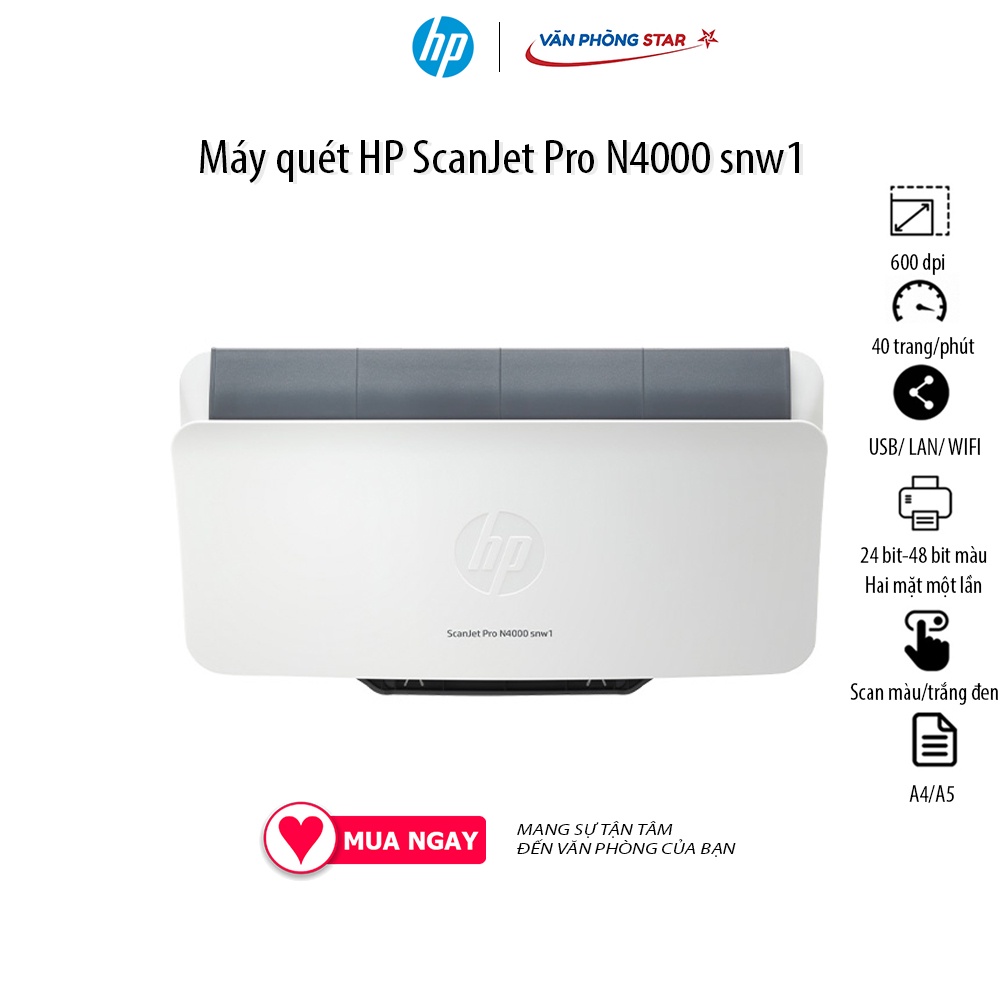 Máy quét HP ScanJet Pro N4000 snw1, Scan hai mặt kết nối  USB/ LAN/ WIFI, tốc độ Tối đa 40 trang/phút hoặc 80 ảnh/phút