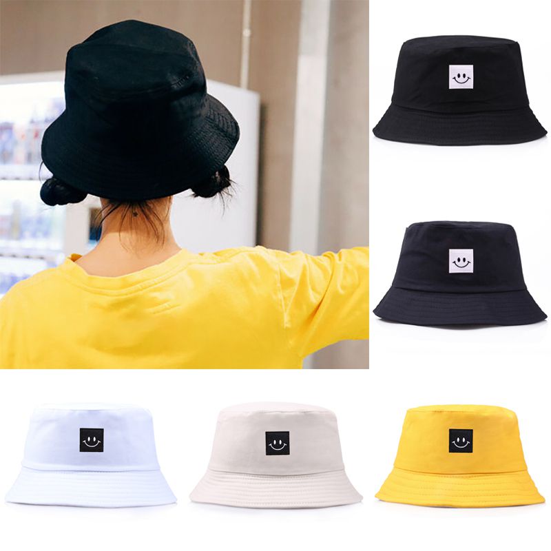 Smiley Face Patch Solid Color Folding Fisherman Hat Outdoor Men Women Bucket Cap