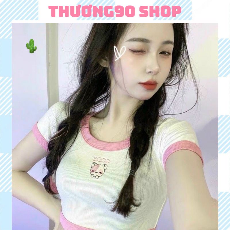 Áo Thun croptop họa tiết BÉ CÁO CHỮ GODS hình thêu xinh xắn,Áo thun trơn phối viền hồng //Thương90 shop