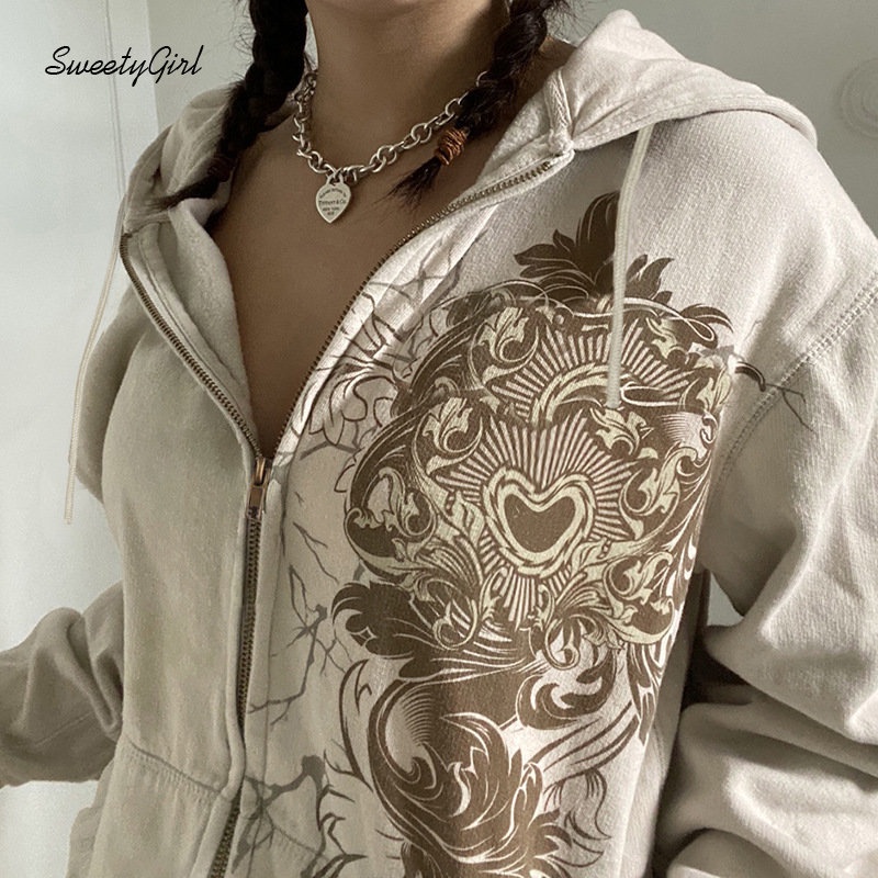 MsMona Áo Hoodie Tay Dài Dáng Rộng Có Khóa Kéo In Họa Tiết Thời Trang 2022 Dành Cho Nữ