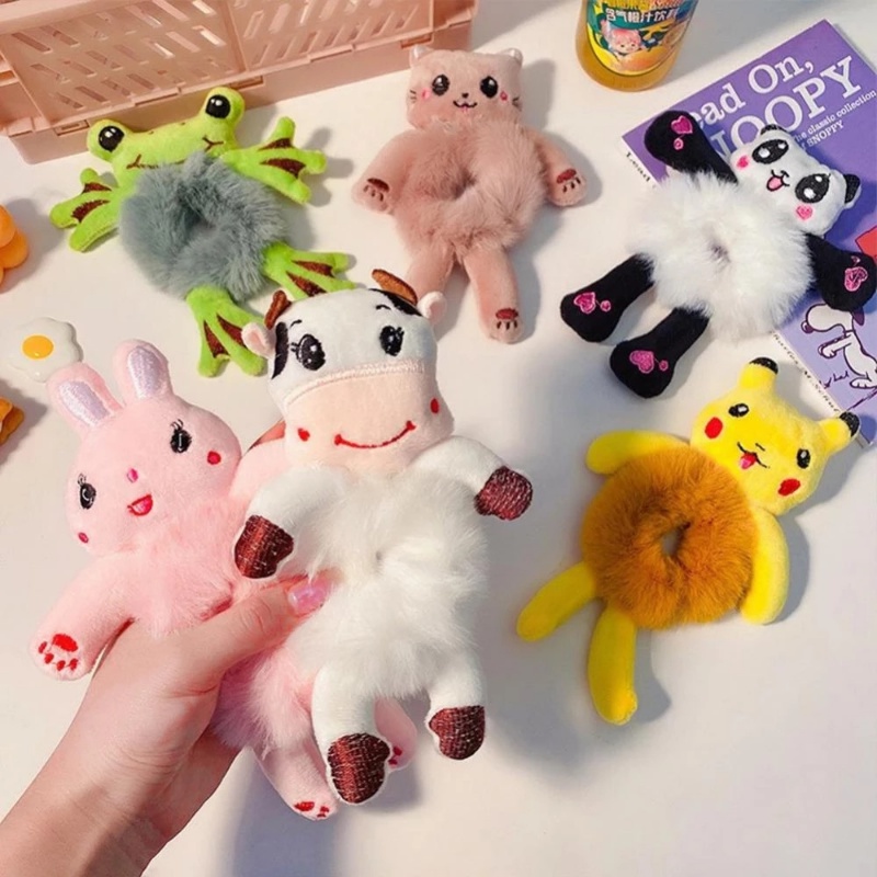 Dây Cột Tóc Cao Su Co Giãn Bọc Vải Bông Đính Hình Thỏ / Gấu Hoạt Hình Dễ Thương Cho Nữ