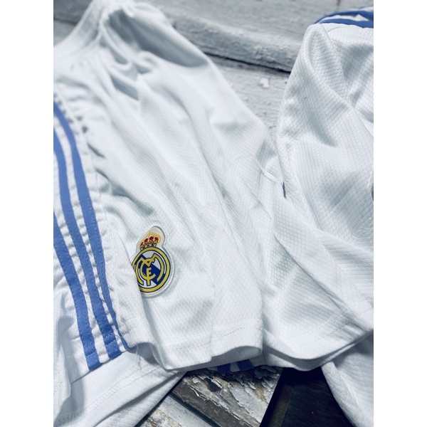 Set bộ quần áo bóng đá dài tay clb real madrid kền kền trắng vải gai mịn mè lục giác áo trắng quần trắng 2022 2023