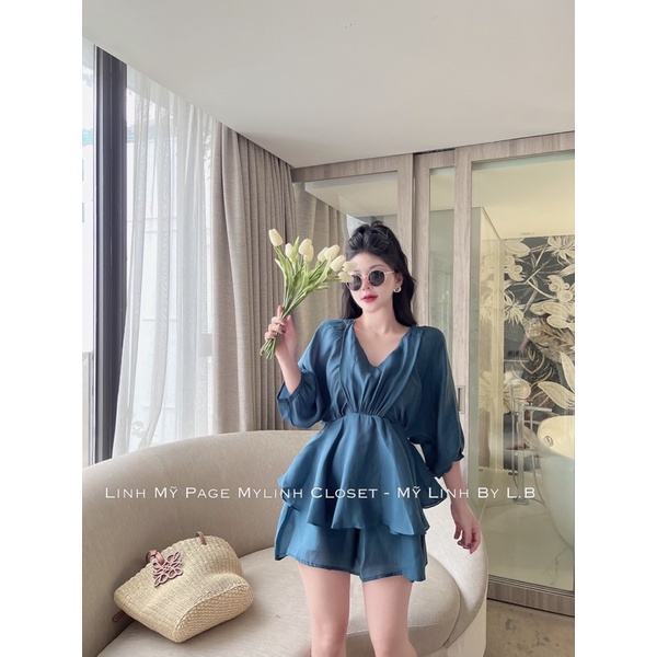 Set mùa hè áo cổ V tay lỡ quần hai lớp phong cách phương Tây Taobao