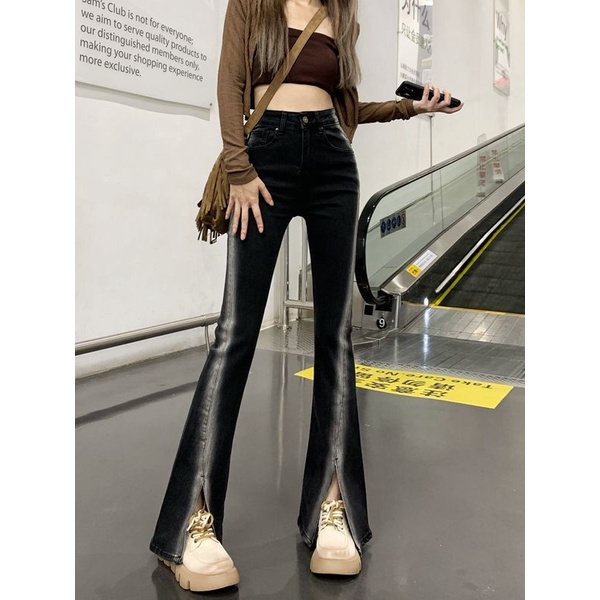 JSC Jiashucheng Quần Jean Ống Loe Xẻ Tà Nhẹ Nhàng Ôm Dáng Co Giãn Lưng Cao Màu Gradient Phong Cách Mỹ Mùa Thu Mới Cho Nữ