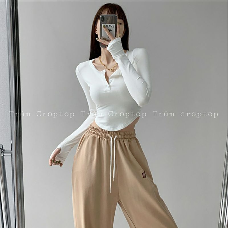 Áo croptop tay dài nữ gắn nút chất thun gân ôm body 3 màu đen trắng xám form unisex basic