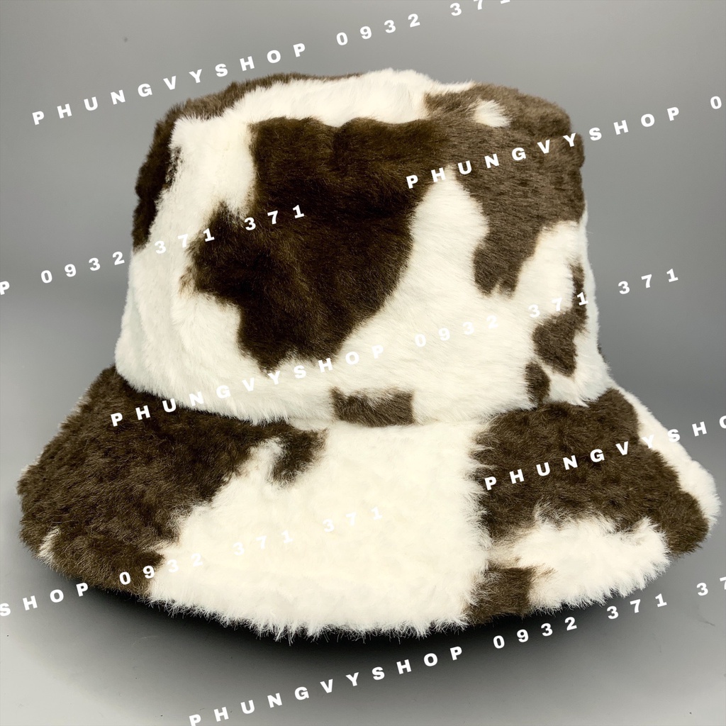 Mũ bucket cực hot unisex nam nữ mùa thu đông giữ ấm -BO LÔNG họa tiết BÒ SỮA  - nón tai bèo vành