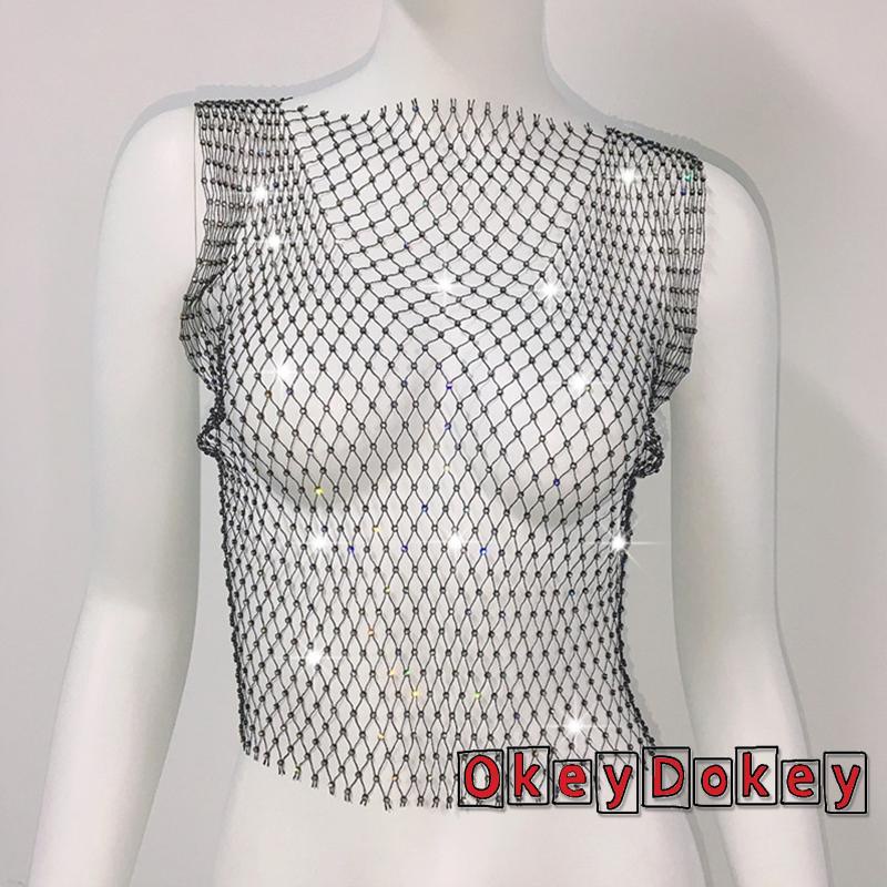 Áo Lưới Cổ Tròn / Cổ Chữ V Sáng Lấp Lánh Gợi Cảm Cho Nữ