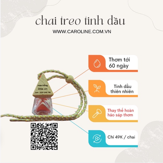 Chai treo Tinh Dầu LILLIE thơm mát, khử mùi trong xe ô tô, trong phòng, góc làm việc, tủ quẩn áo Caroline 10ml