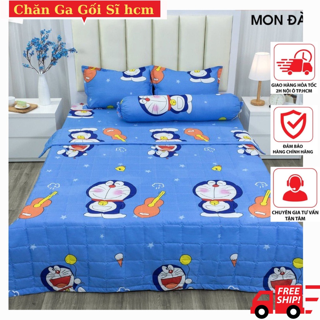 Bộ ga gối Polycotton trải giường , Bộ Drap giường Cottonpolly 1m6/1m8,chăn ga gối sĩ HCM-DOREMON ĐÀN
