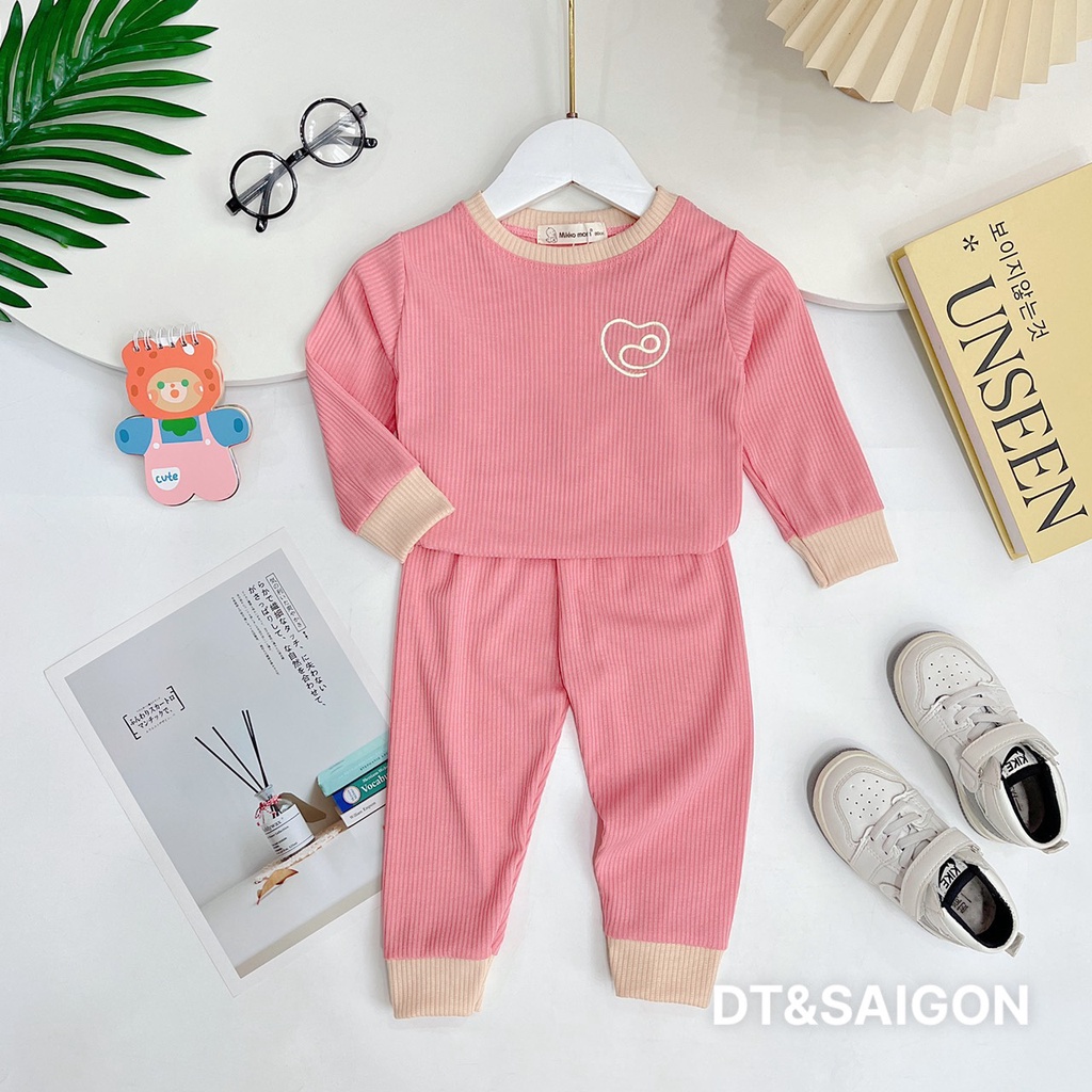 Bộ gân tăm cổ tròn thêu logo cho bé từ 6-15kg