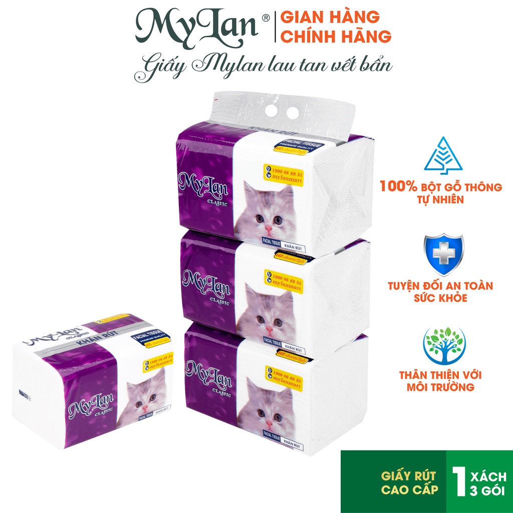 Khăn giấy rút cao cấp Mylan, rút con mèo, 3 gói/lốc