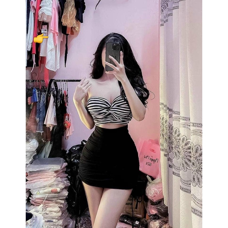 Sét áo ống xoắn ngực croptop phối chân váy rút dây 2 bên sexy , chất thun bozip mềm mịn