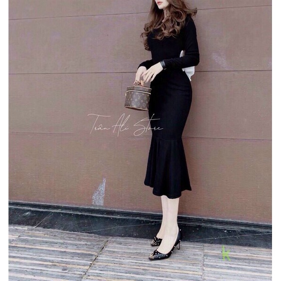 [11.11 Sale Freeship] Đầm dự tiệc nữ,đầm chất thun dài tay cổ vuông khoét eo thắt nơ lưng ôm body váy đuôi cá dáng dài