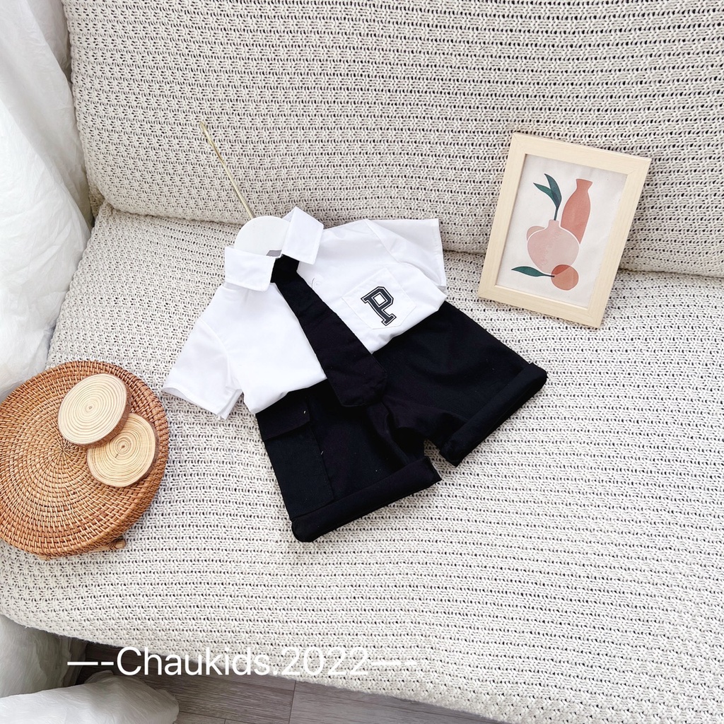 SALE SET SƠ MI CÔNG TỬ KÈM CÀ VẠT THỜI TRANG CHO BÉ TRAI SIZE 9-19KG(SMKV)