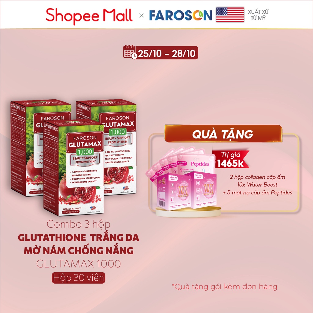 Combo 3 hộp Viên Uống Trắng Da Glutathione Giảm Nám Chống Nắng Faroson Glutamax 3 x 30 viên