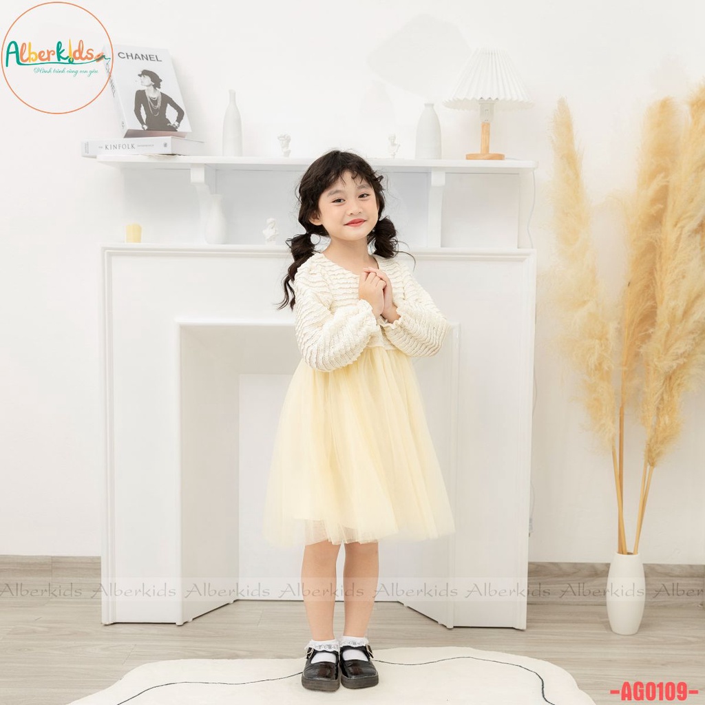 Váy bé gái thu đông ALBERKIDS công chúa kem xinh đẹp cho trẻ em 2,3,4,5,6,7,8,9,10,11,12 tuổi AG0109