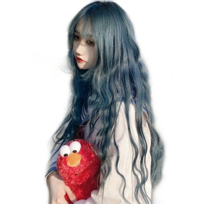Bộ Tóc Giả Xoăn Dài Màu Xanh Dương Đậu Nành Dễ Thương Xinh Xắn Cho Nữ