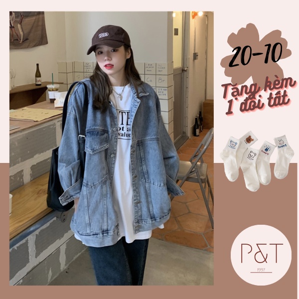 Áo khoác bò jean túi trước dáng rộng unisex, Áo khoác bò xanh denim hàng đẹp chất dày dặn