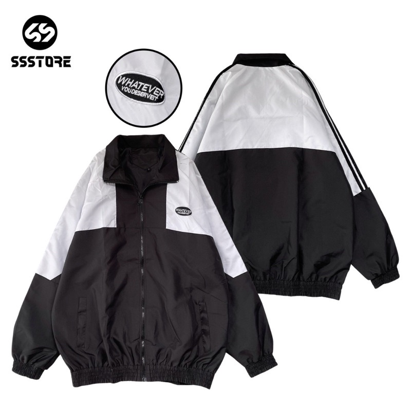 Áo dù 2 lớp thêu logo WHATEVER viền sọc đen trắng form rộng unisex nam nữ